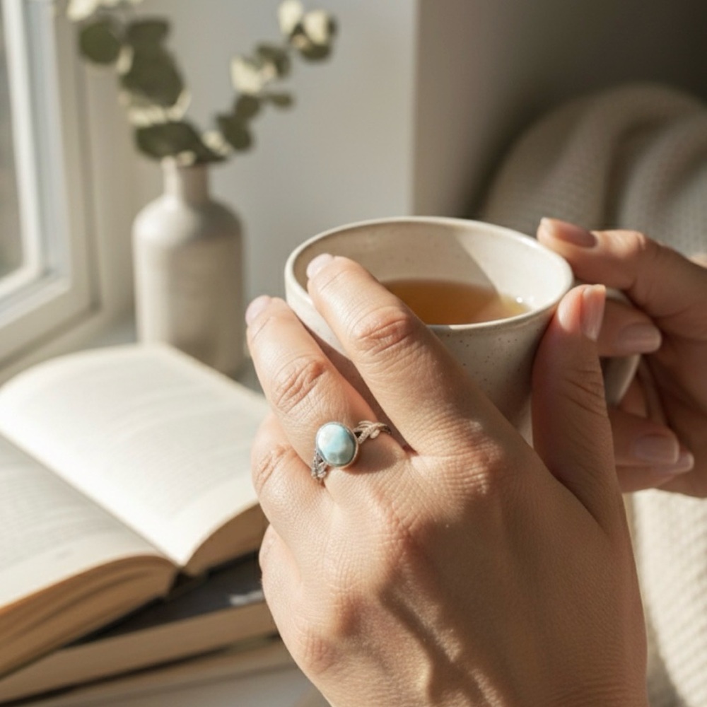🔥Sale🔥Natural Larimar Crystal Adjustable Ring Caribbean Gemstone